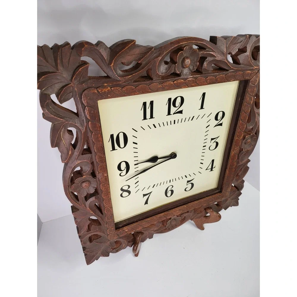 SAS Living Hand Carved Wood Wall Clock Floral Openwork Square Brown 16.5in